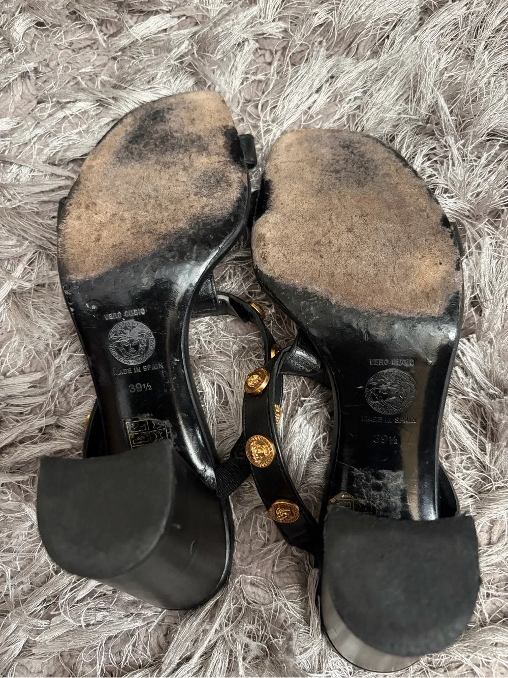 Versace Black Leather Gold-Medallion Heeled Sandals